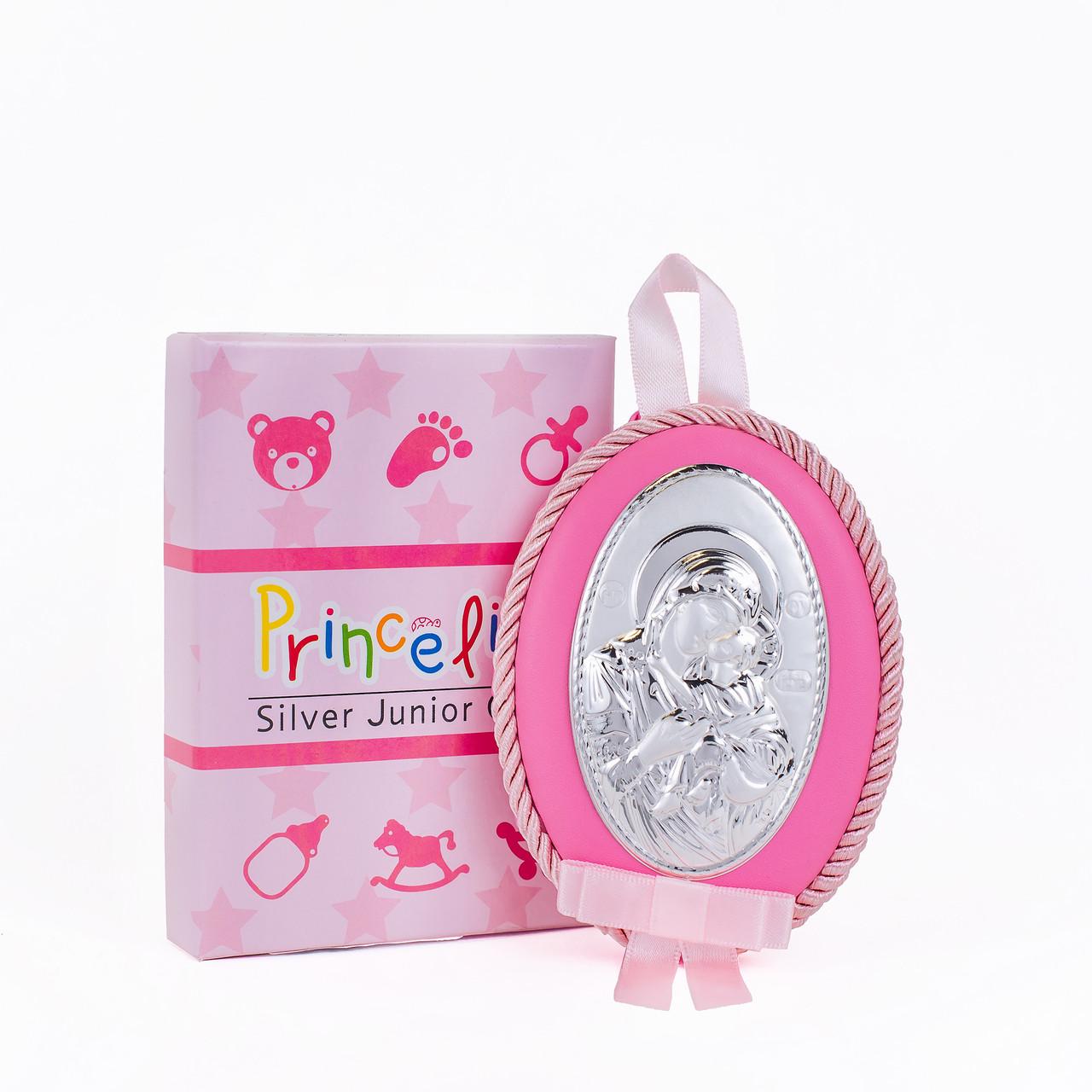 Дитяча Іконка Божа Матір Розчулення Солодке Цілування на рожевій подушечці в сріблі 8х11 см - фото 3