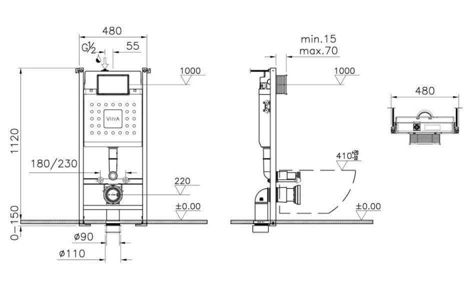 Інсталяція VitrA з хромованою панеллю та підвісним унітазом Integra Rim з сидінням Soft Close (88-9856B003-7208) - фото 3