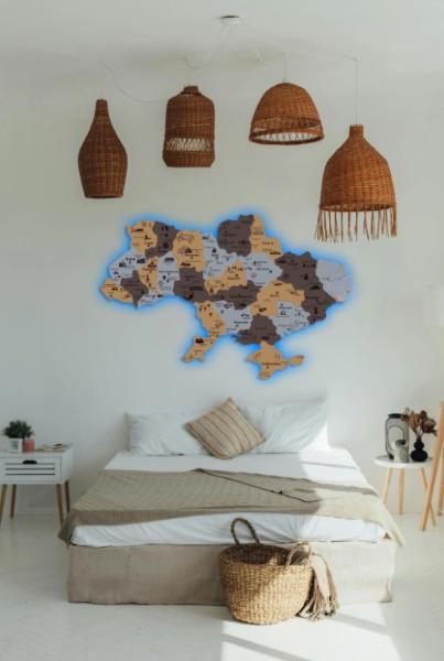 Декор настенный в стиле минимализм деревянное Decart Карта Украины с подсветкой на кухню гостиную и спальню 100х66 см Серый с коричневым