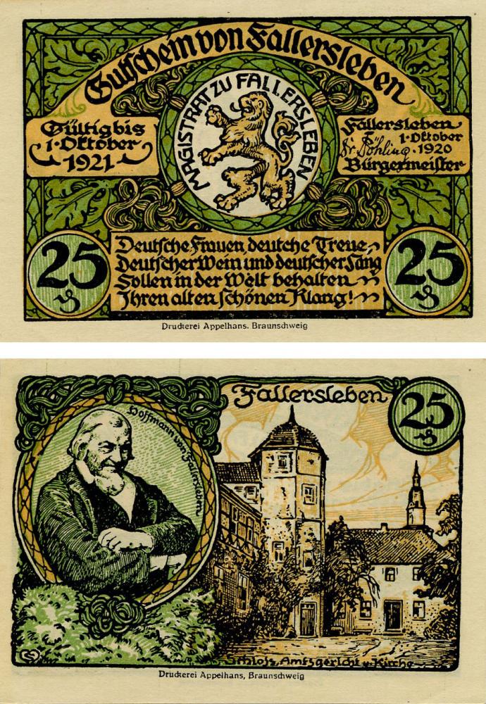 Коллекционная банкнота Германия Нотгельд 25 пфеннигов 1921 F-VF Фаллерслебен (Б16164)