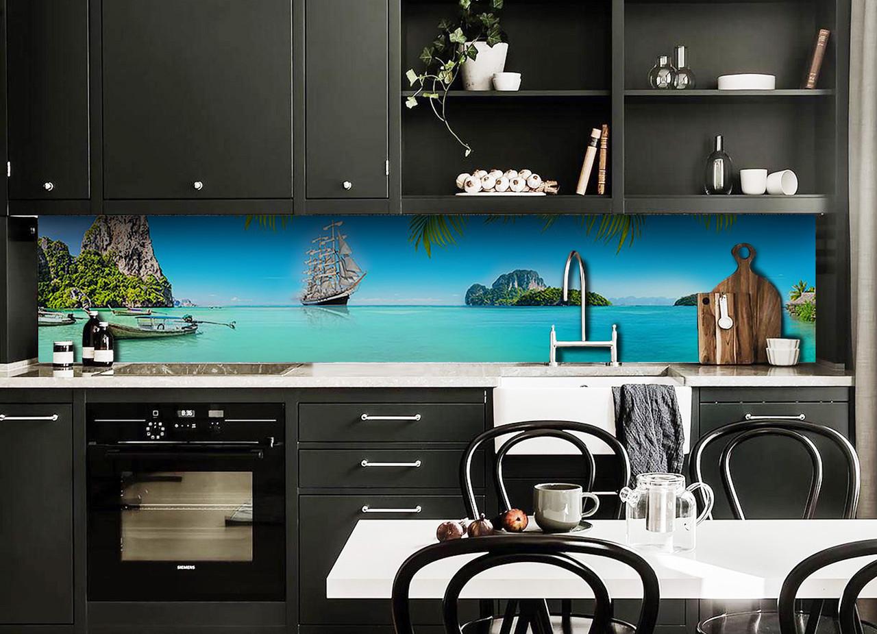 Кухонный фартук Тропическое побережье остров корабль из самоклеющейся виниловой пленки 65х250 см Голубой