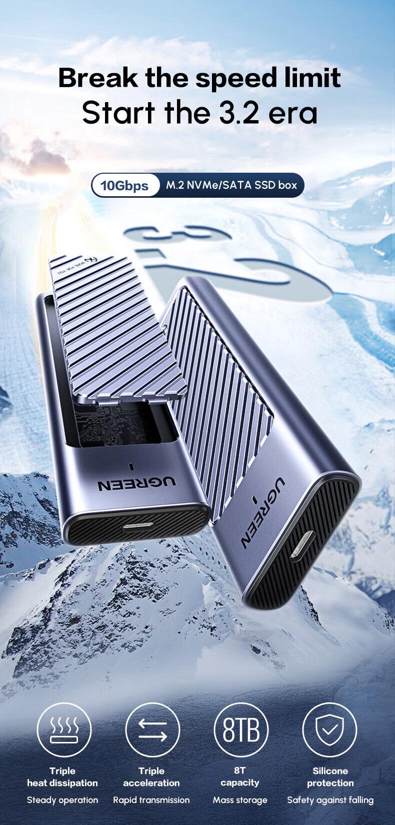 Зовнішня кишеня UGREEN для SSD M.2 Dual Protocol NVMe SATA USB 3.2 Gen 2 10Gbps алюмінієвий UASP TRIM SMART Темно-сірий (35051) - фото 3