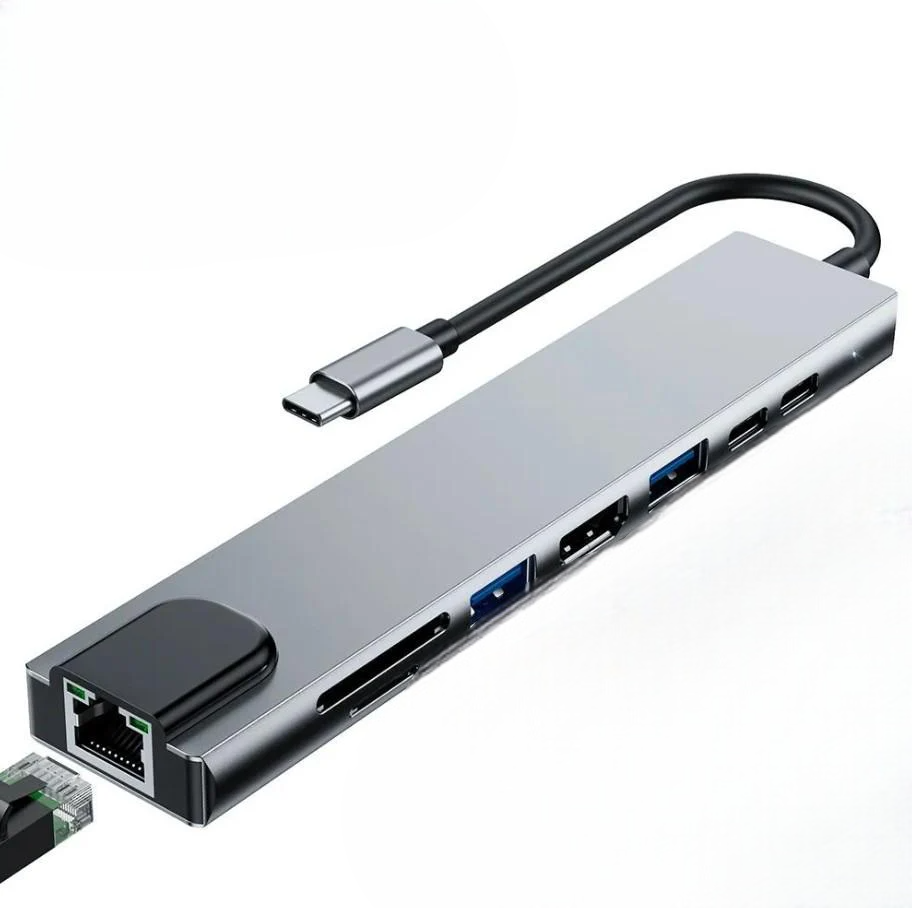 Картридер Kayfovo UH-TP8 RJ45 PD 8в1 USB HUB 4K HDMI Type-C USB-3.0/2.0 TF/SD (29033)