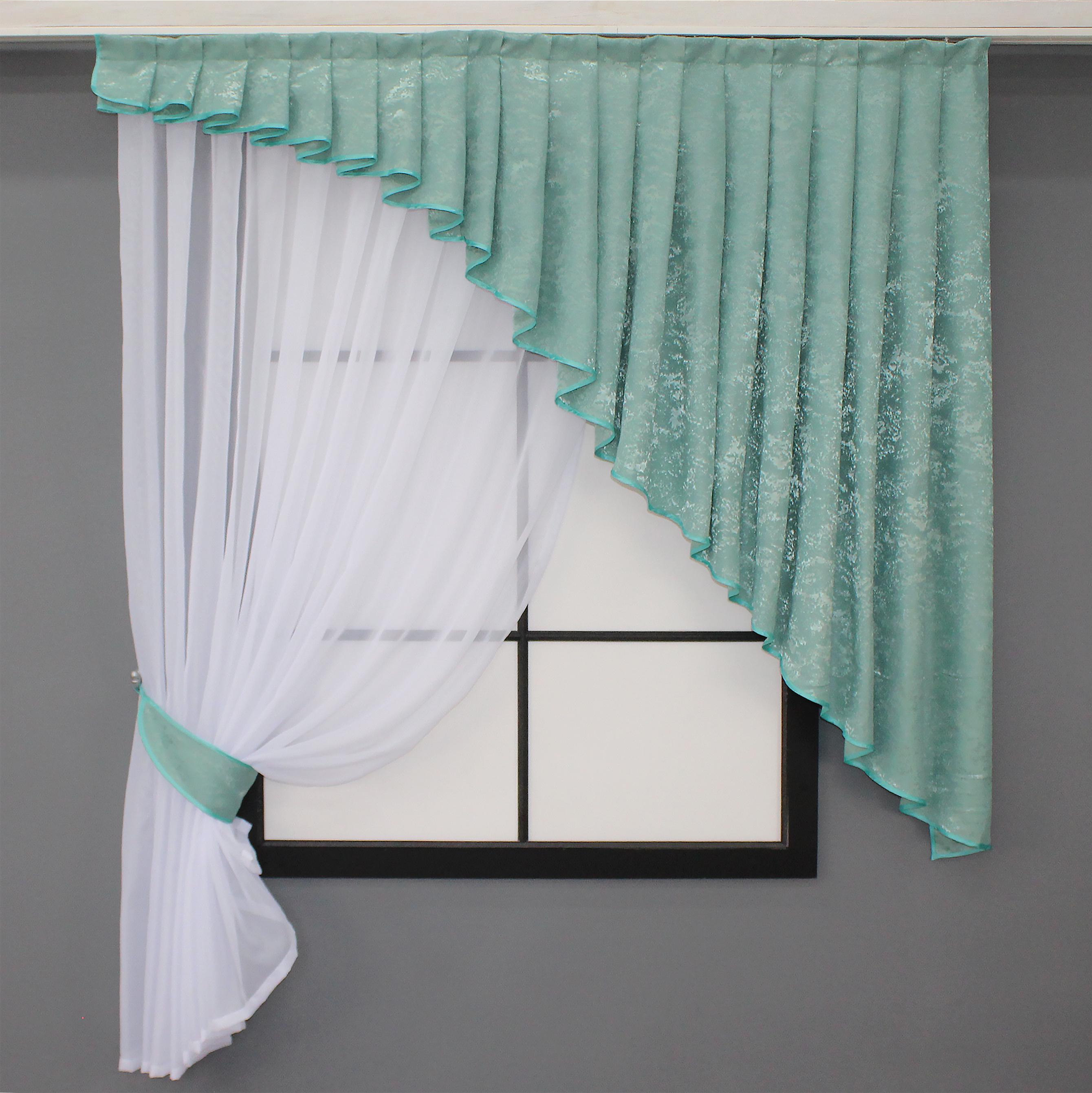 Комплект штор на кухню VR-Textil №039к с ламбрекеном 150х170 см Белый с бирюзовым (52-0816)