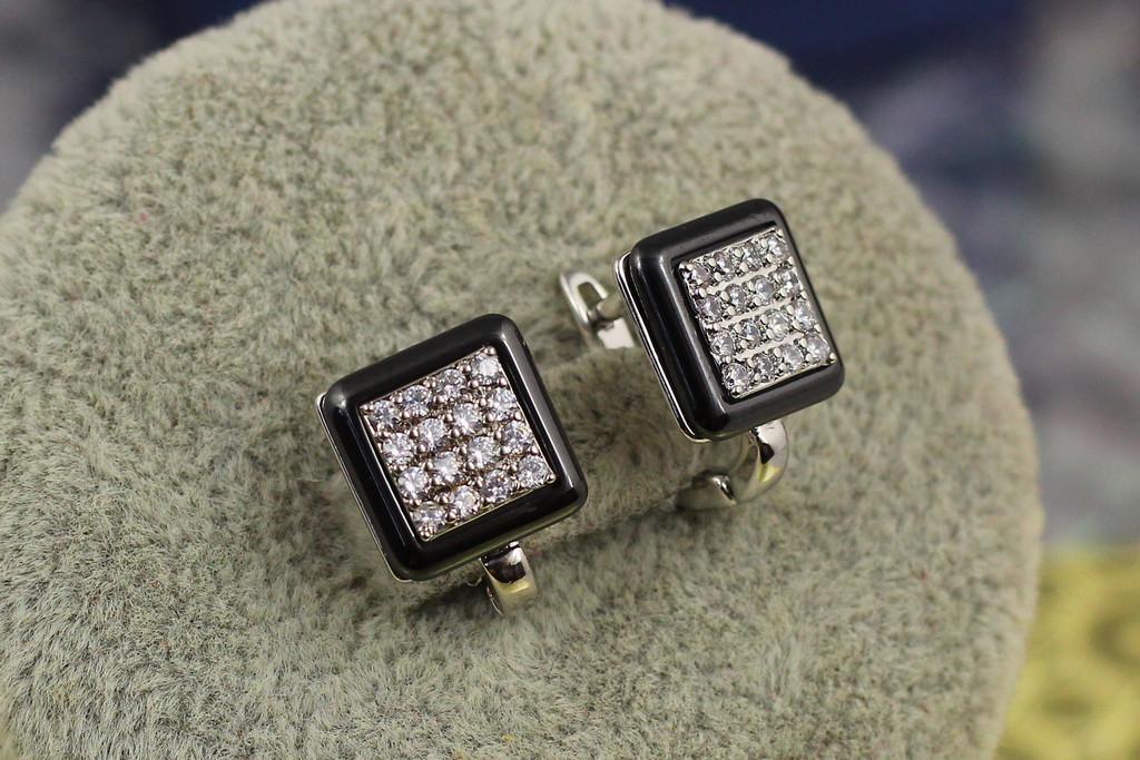 Серьги Xuping Jewelry Окошко с керамикой 10 мм Серебристый/Черный