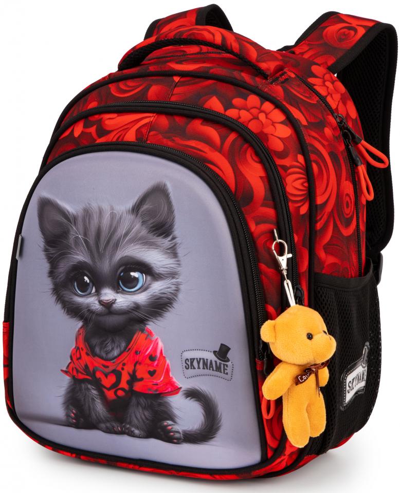 Школьный рюкзак для девочки SkyName с котенком 1-4 класса 6-10 лет с брелком Медвеженок Красный (R2-220)
