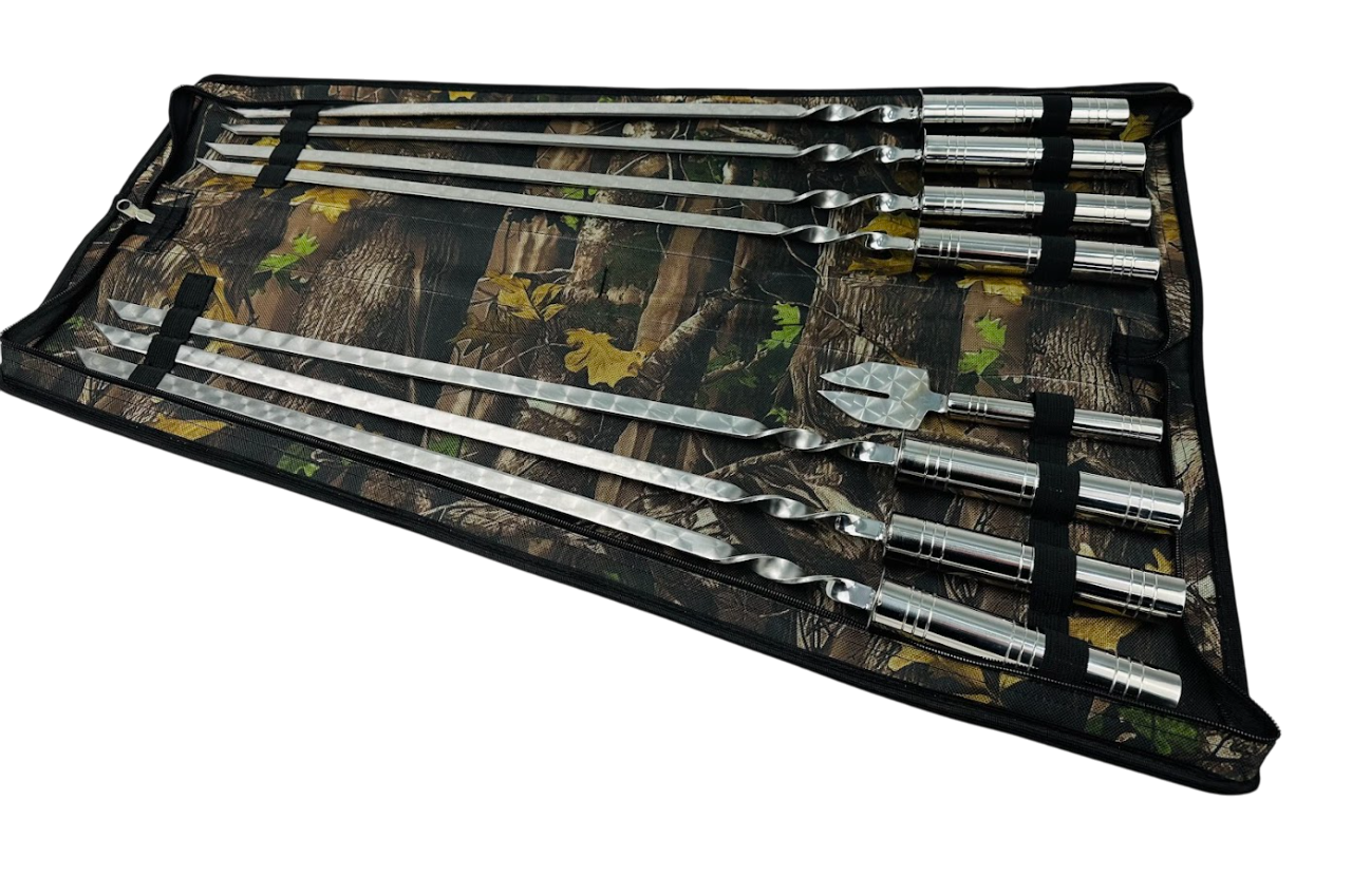 Набор шампуров комбинированный Серебро 8 предметов для пикника с вилкой для снятия мяса из нержавеющей стали в чехле 64 см Серебряный (124-10-NB-2280)