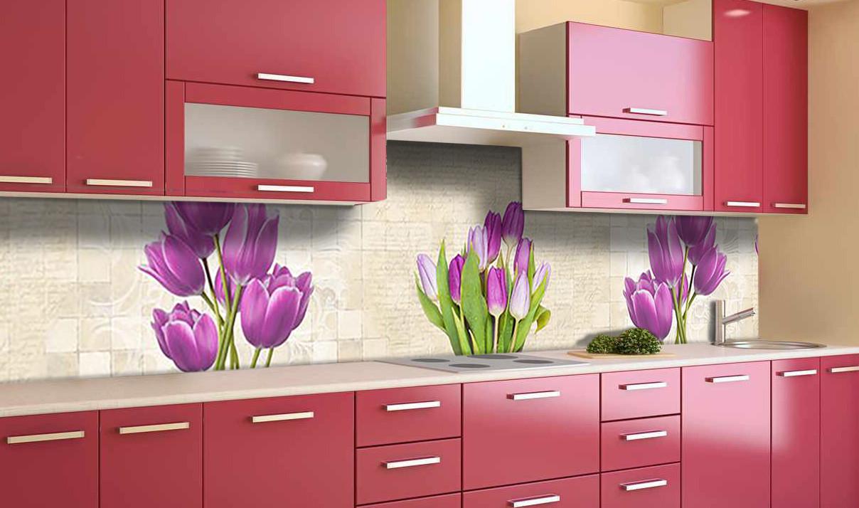 Кухонный фартук Тюльпаны на плитке из самоклеющейся виниловой пленки 60х250 см Бежевый