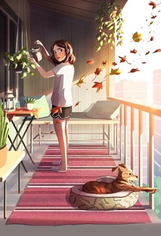 Алмазная мозаика Утро на балконе DIY-FH129 полная выкладка 30x40 см (26587)