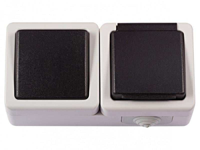 Выключатель одноклавишный накладной Luxel 6532 DEBUT с одинарной розеткой с/з IP65 Серый (27486964)