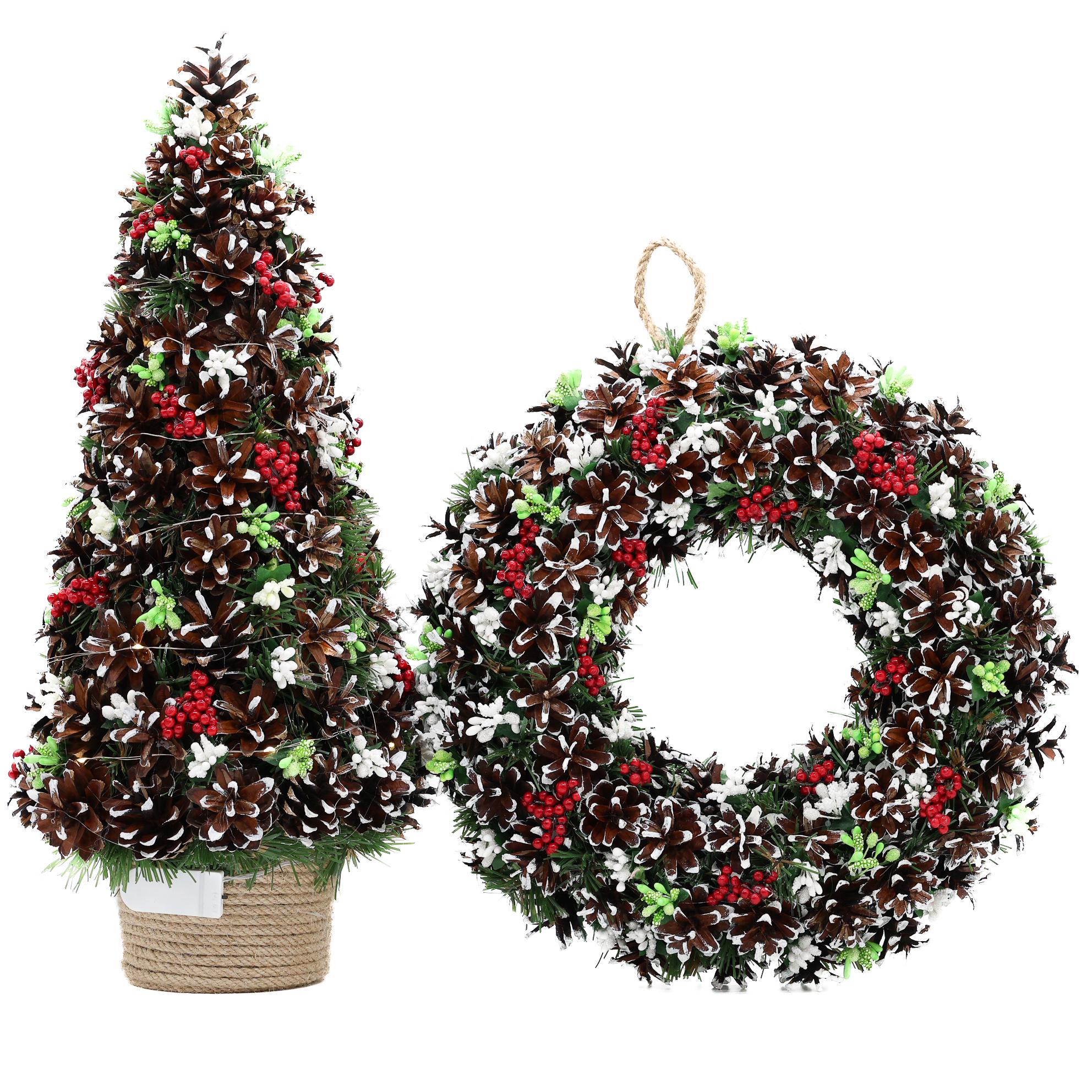 Елка рождественская декоративная 47 см и венок 30 см из шишек и ягод рябины на подставке с подсветкой