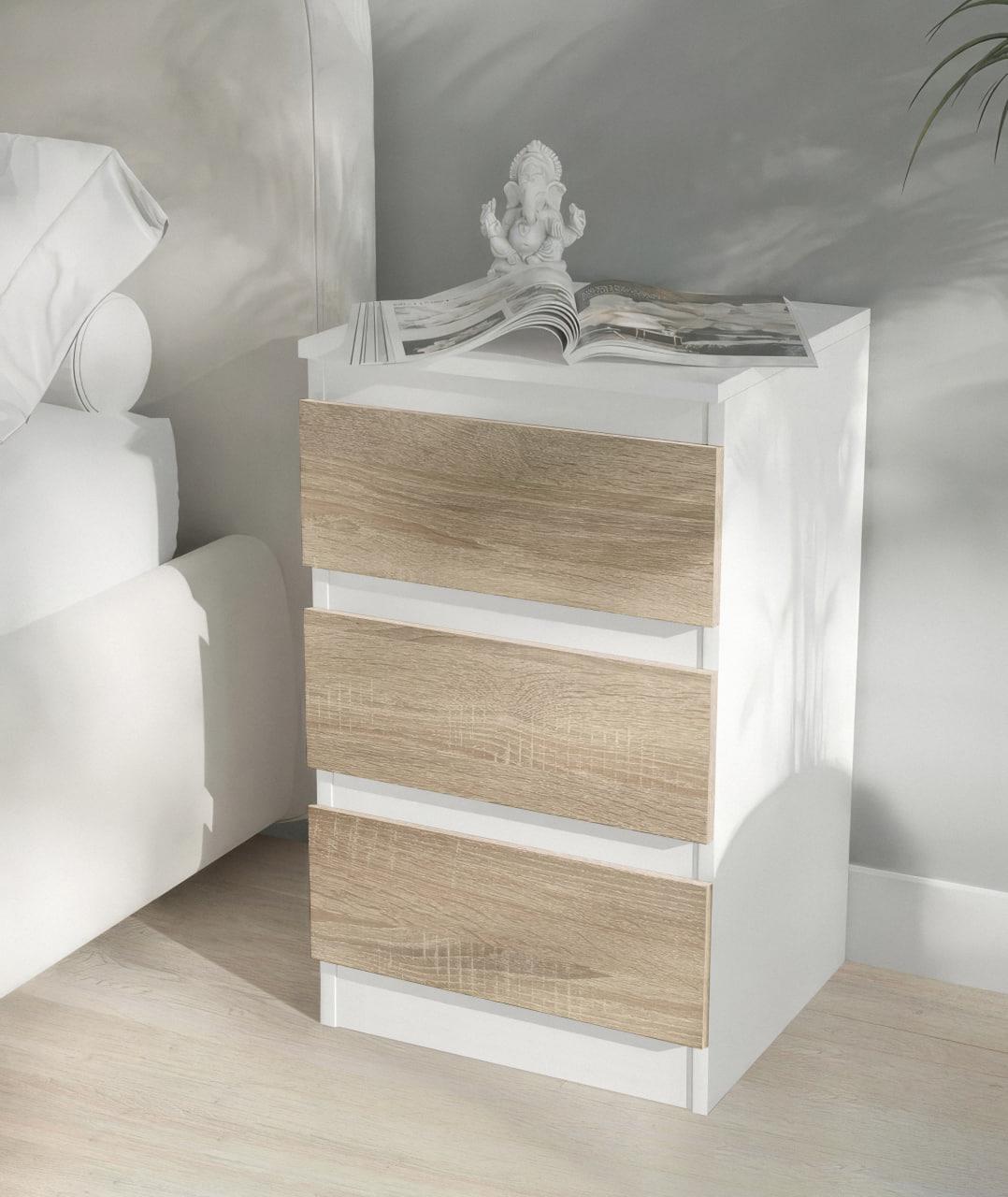 Тумба прикроватная на 3 ящика FT-216 400x398x758 мм Белый/Дуб Сонома