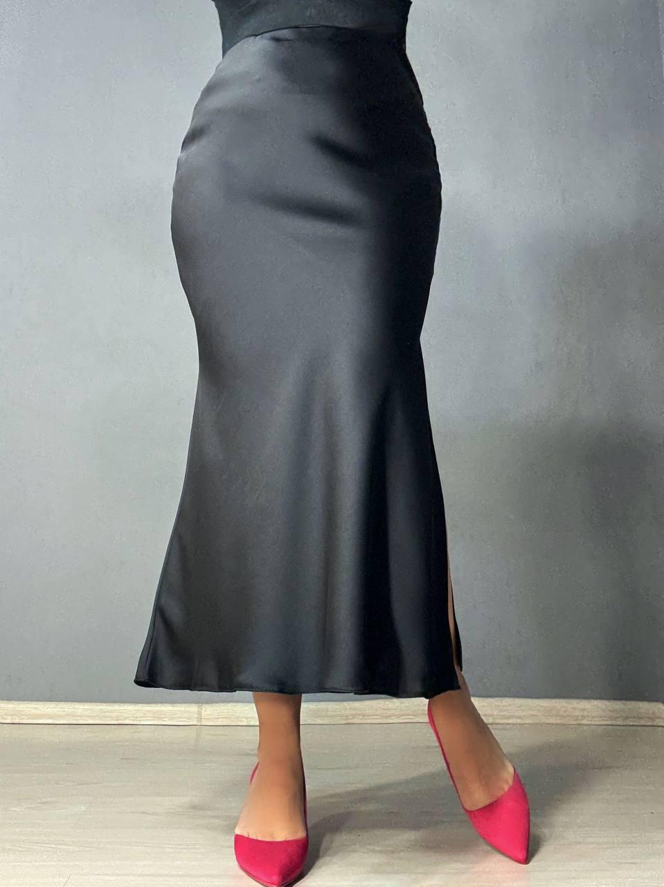 Спідниця жіноча Gritana 230 атласна королівський шовк з розрізом на резинці M Чорний (5027) - фото 8