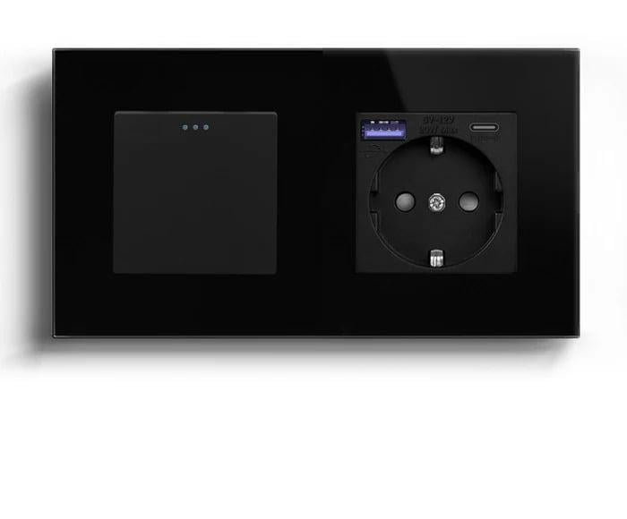 Выключатель проходной LUXION универсальный с розеткой USB A+C 20Вт с заземлением стекло Черный