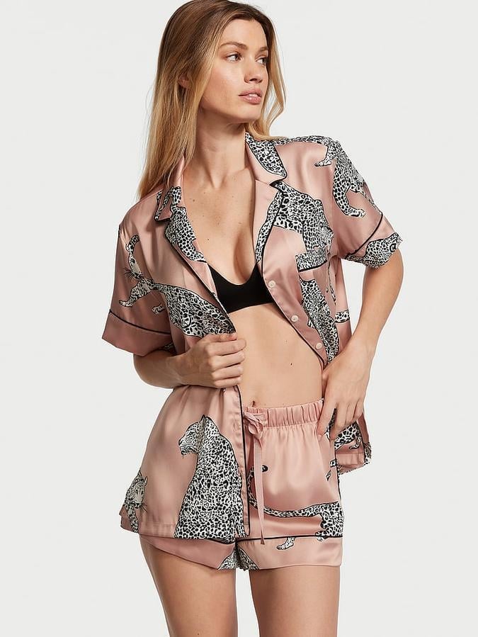 Пижама шортики и рубашка Victoria's Secret Satin Short Pajama Set принт Леопарда XS Коричневый (2435757757)