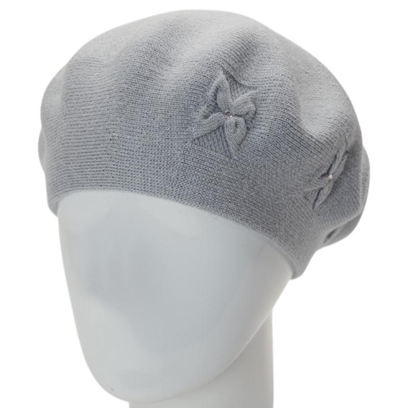 Берет женский двойной тонкой вязки Lirus Баунти с узором и стразами Серо-голубой