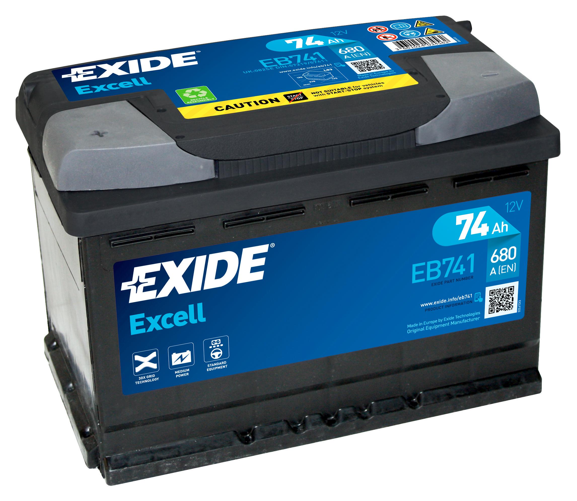 Аккумулятор автомобильный EXIDE Excell EB741 EN 6СТ-74 Ah Аз 680 A (76229)