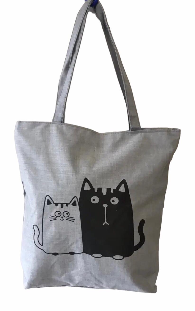 Шопер женский повседневный на молнии с котиками Серый (026X)