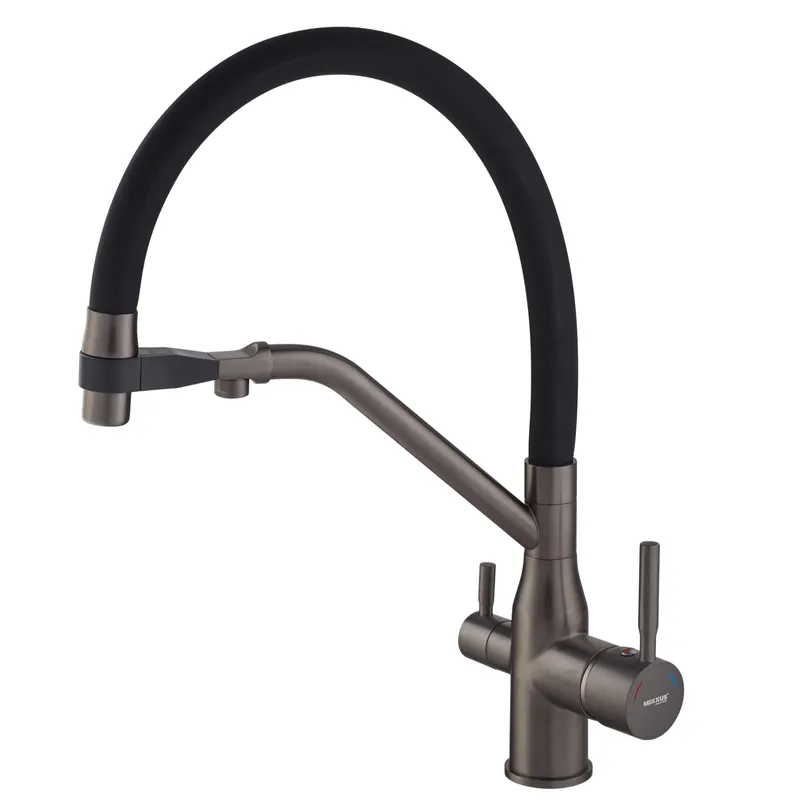 Змішувач на кухню з краном для фільтра з гнучким гусаком MIXXUS 021 латунь Графіт (b-MI6979)
