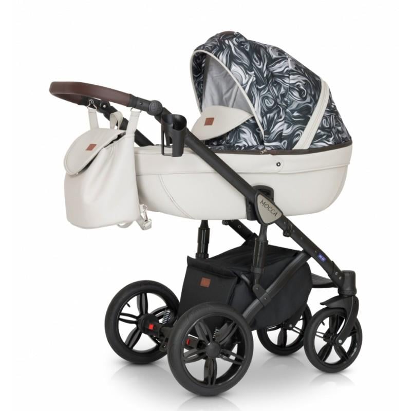 Коляска Verdi универсальная 3в1 Mocca с автокреслом сумкой и 3 чехлами на ножки Белый/Серый с принтом
