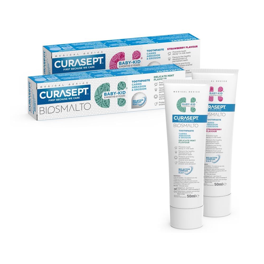 Зубная паста для детей Curasept Biosmalto Caries Abrasion And Erosion Baby-kid клубничный и мятный вкус/от 6 месяцев до 6 лет 1000ppm 50 мл