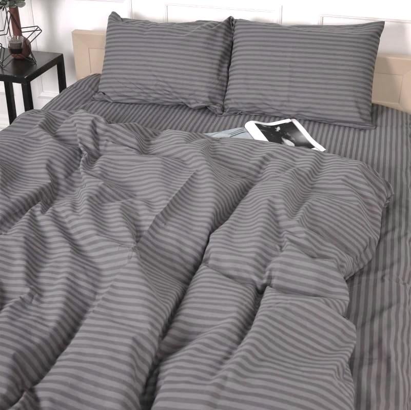 Комплект постільної білизни Ideal Textile двоспальний євро бязь з принтом в смужку Графітний