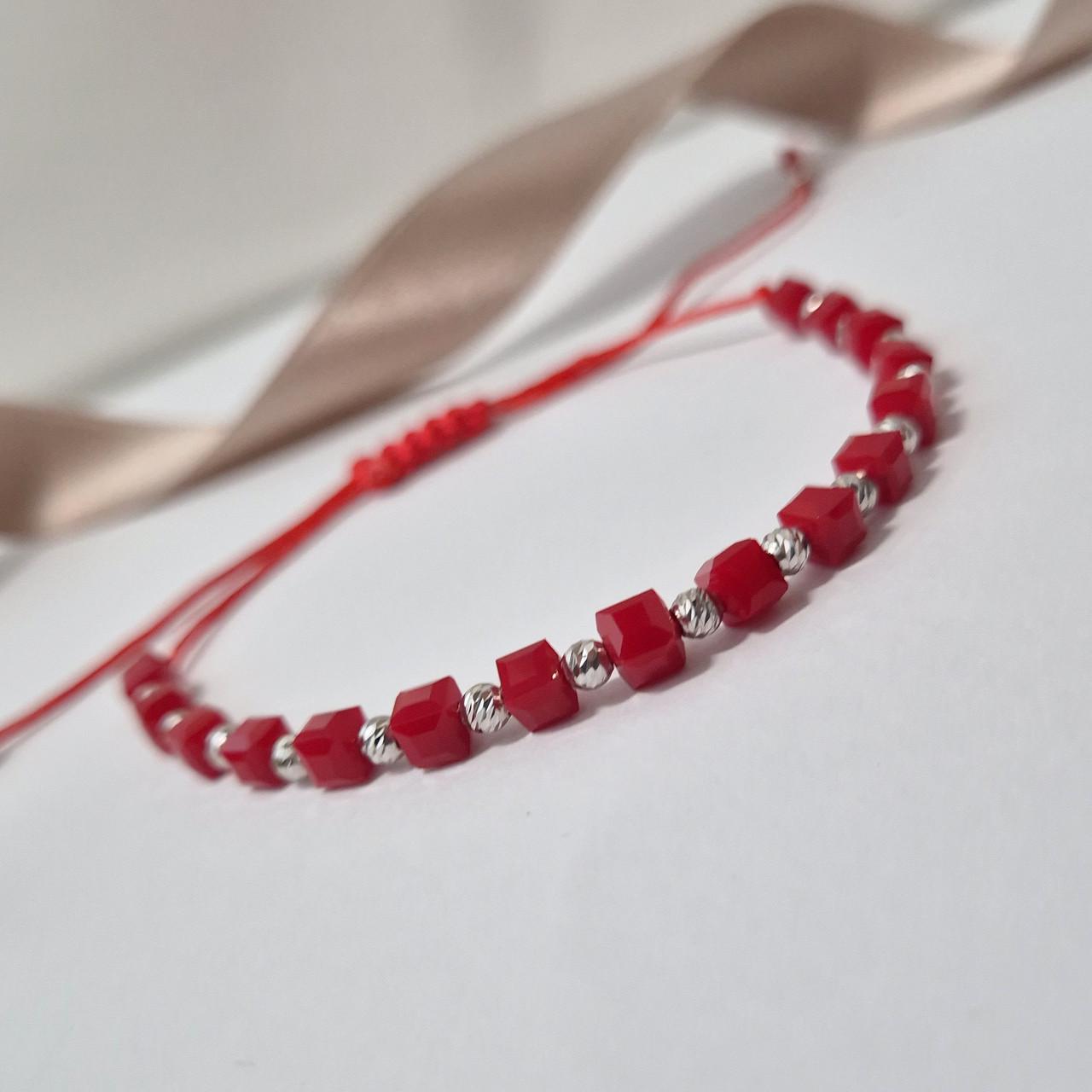 Браслет на руку шелковый с Шариками и Кораллом серебро 925 пробы родированное 3,39 г (6735)