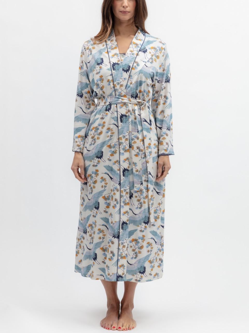 Халат жіночий NORA ROSE Serena 2418 м’яка тканина 22/4XL Білий з принтом птахів (3172440667)