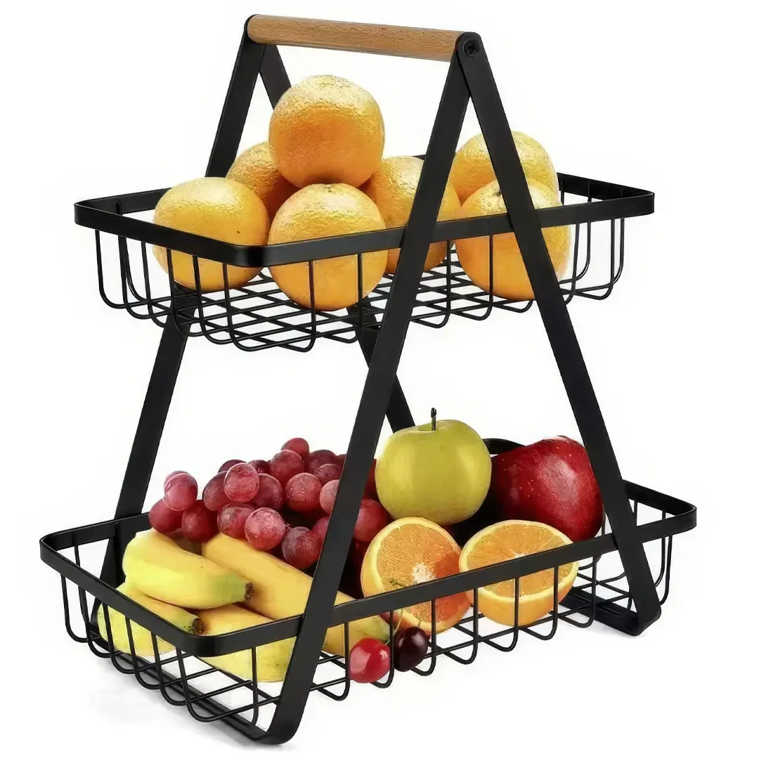 Фруктовница двухуровневая металлическая с деревянной ручкой Фруктовница двухуровневая металлическая с деревянной ручкой