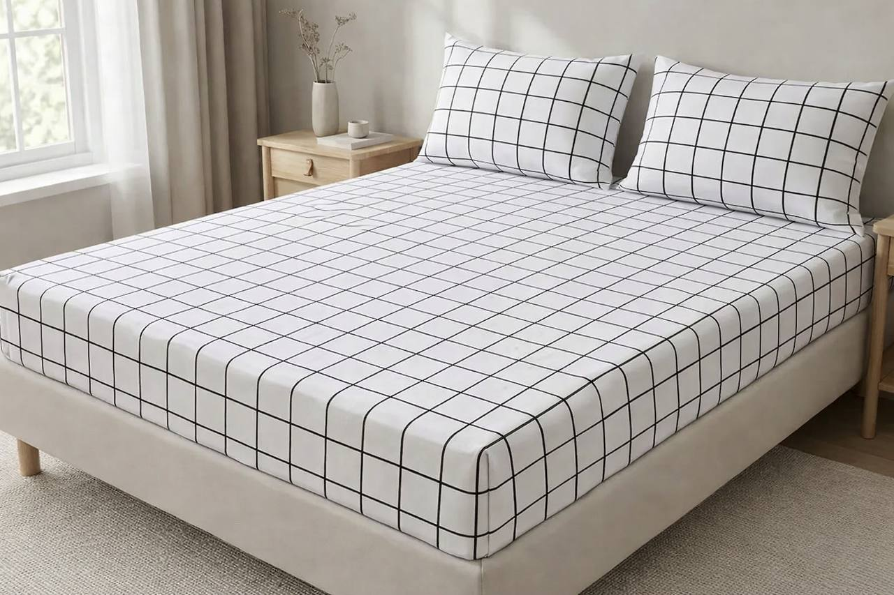 Простирадло на резинці Клітинка 90х200 см та дві наволочки 50х70 см бязь Білий (Glux-4844A/pn90) Простирадло на резинці Клітинка 90х200 см та дві наволочки 50х70 см бязь Білий (Glux-4844A/pn90)