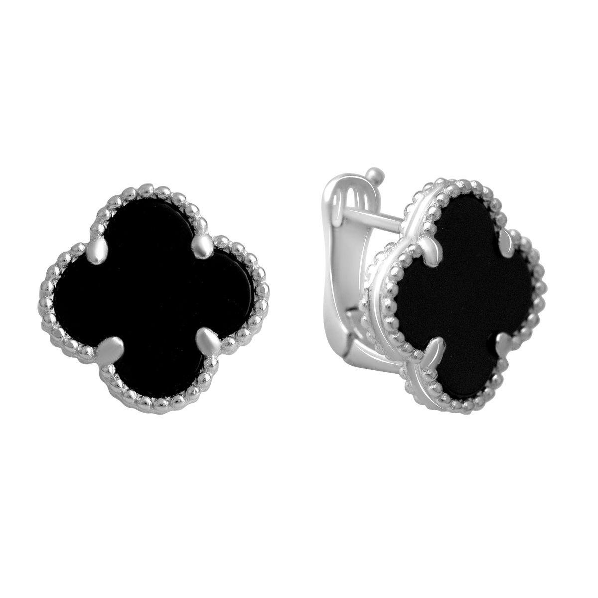 Сережки срібні з оніксом у формі чотирилисника Сережки срібні з оніксом у формі чотирилисника