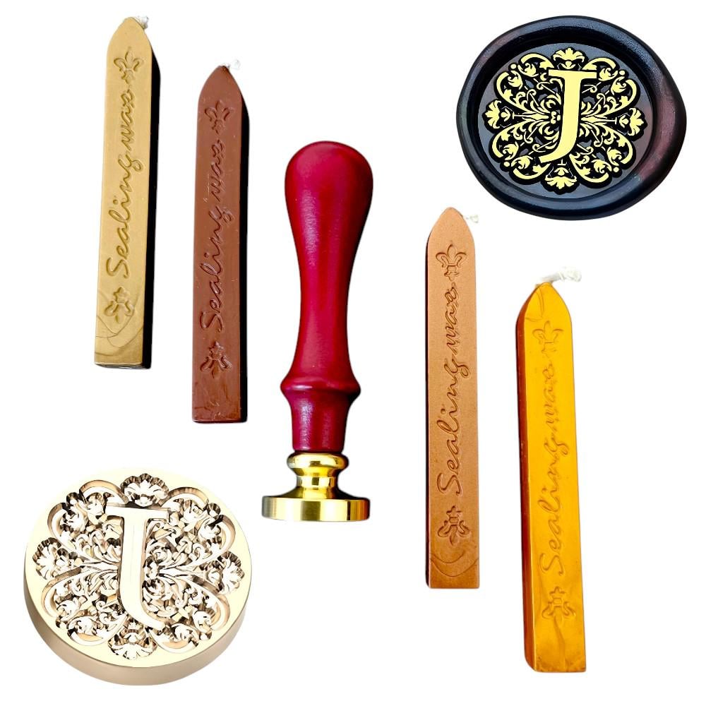 Набор факсимиле сургучная печать с буквой J и 4 палочки сургуча (5520-10)