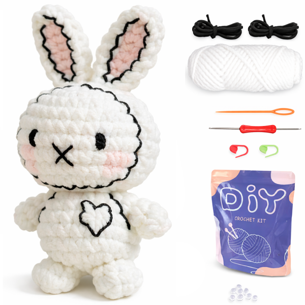 Набір для в'язання гачком для початківців Зайчик пряжа/гачки/відео-інструкції 11 см Білий (32527887)