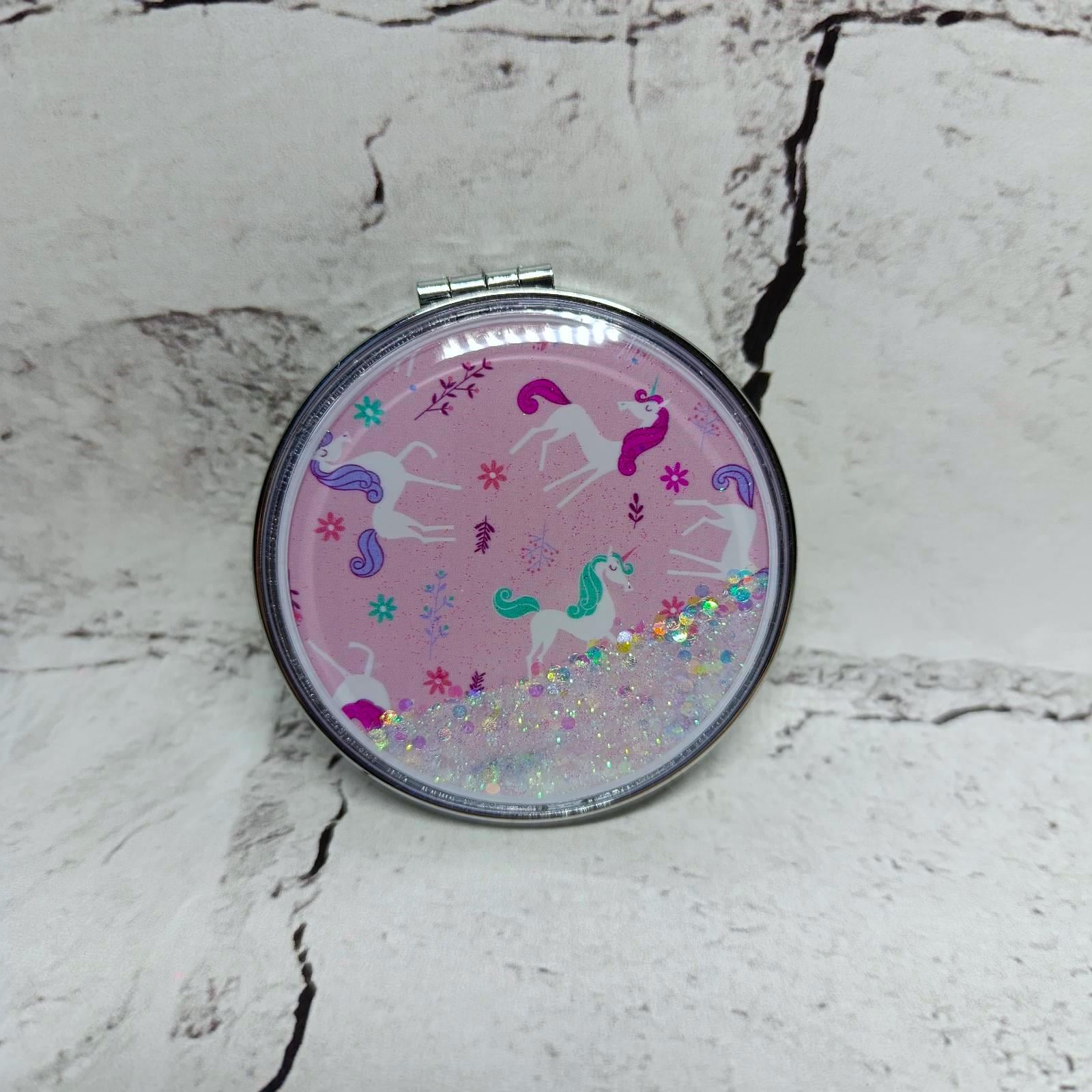 Зеркало карманное косметическое Единорог жидкие блестки 7х7 см (А20-9)
