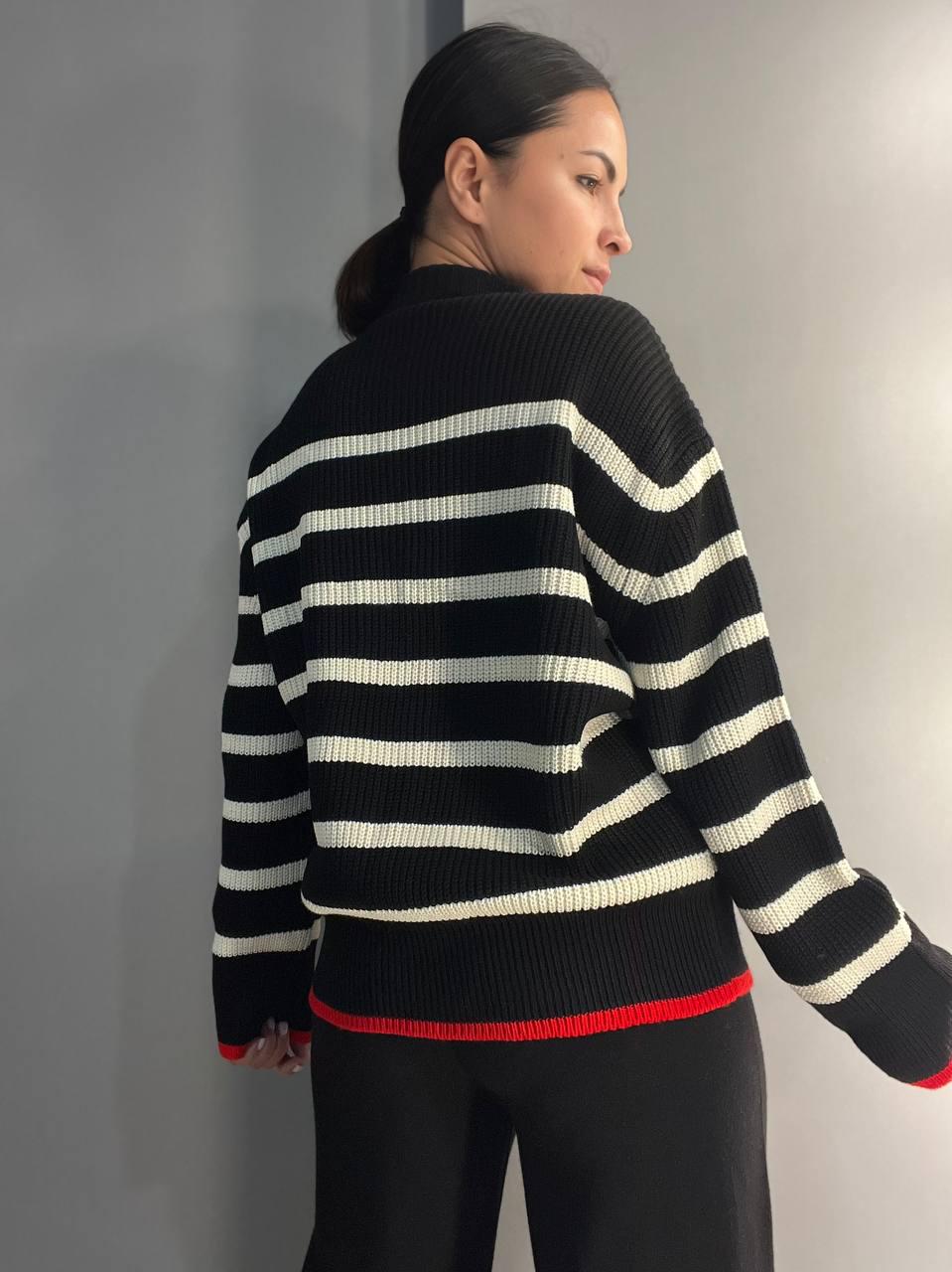 Светр жіночий MIX RAY 6635 смужка подовжений вільний крій OS Чорний (1041) - фото 4