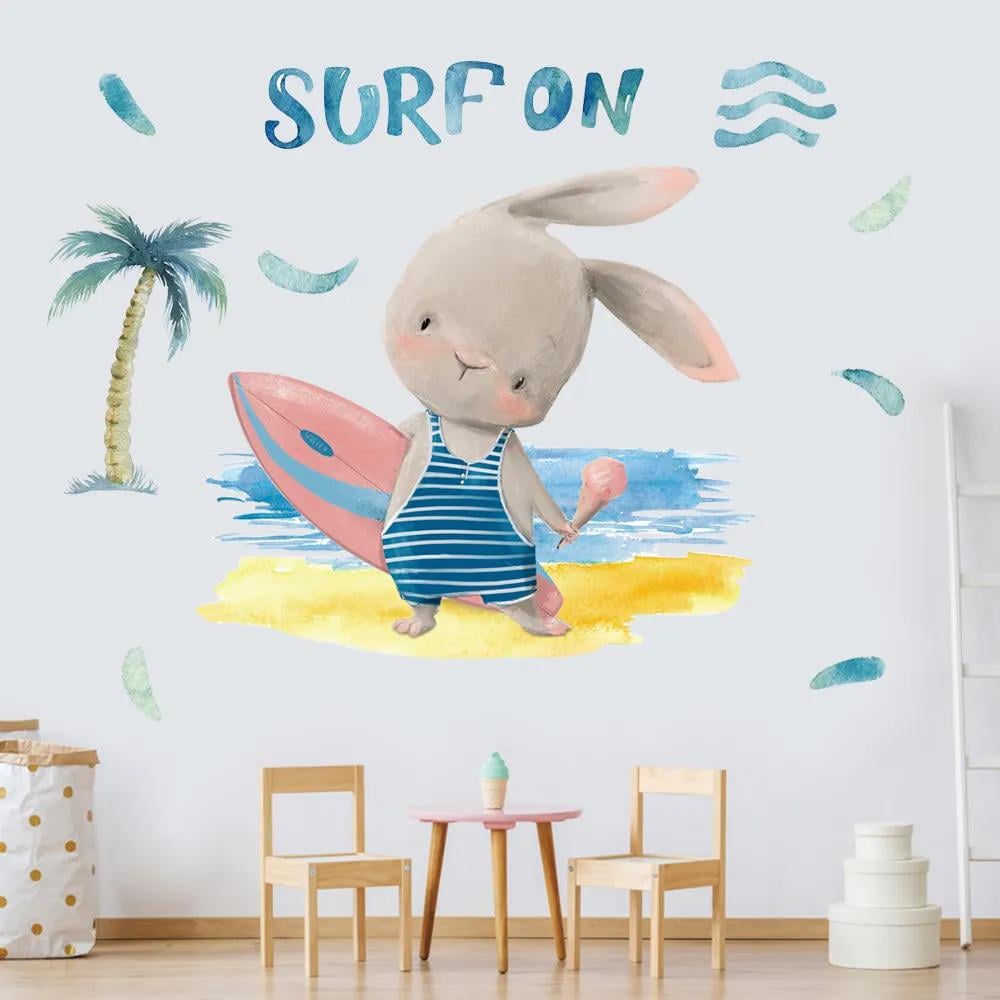 Наклейка вінілова Зайчик серфінгіст в дитячу кімнату на стіну для дівчаток і хлопчиків 30х60 см Наклейка вінілова Зайчик серфінгіст в дитячу кімнату на стіну для дівчаток і хлопчиків 30х60 см