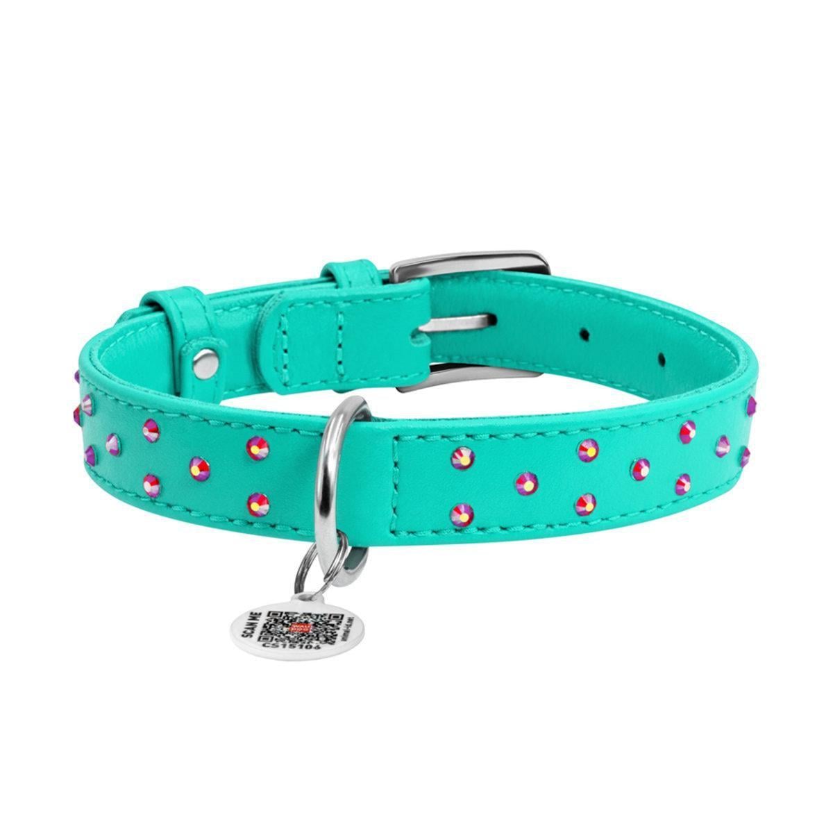 Ошейник для собак кожаный Waudog Glamour с QR паспортом/клеевыми стразами 25 мм х 38-49 см Ментоловый (327913 Col)