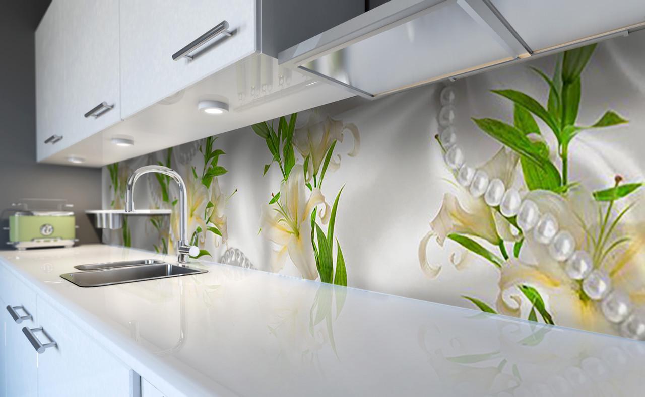Кухонный фартук Лилии и жемчуг из самоклеющейся виниловой пленки 60х300 см Бежевый