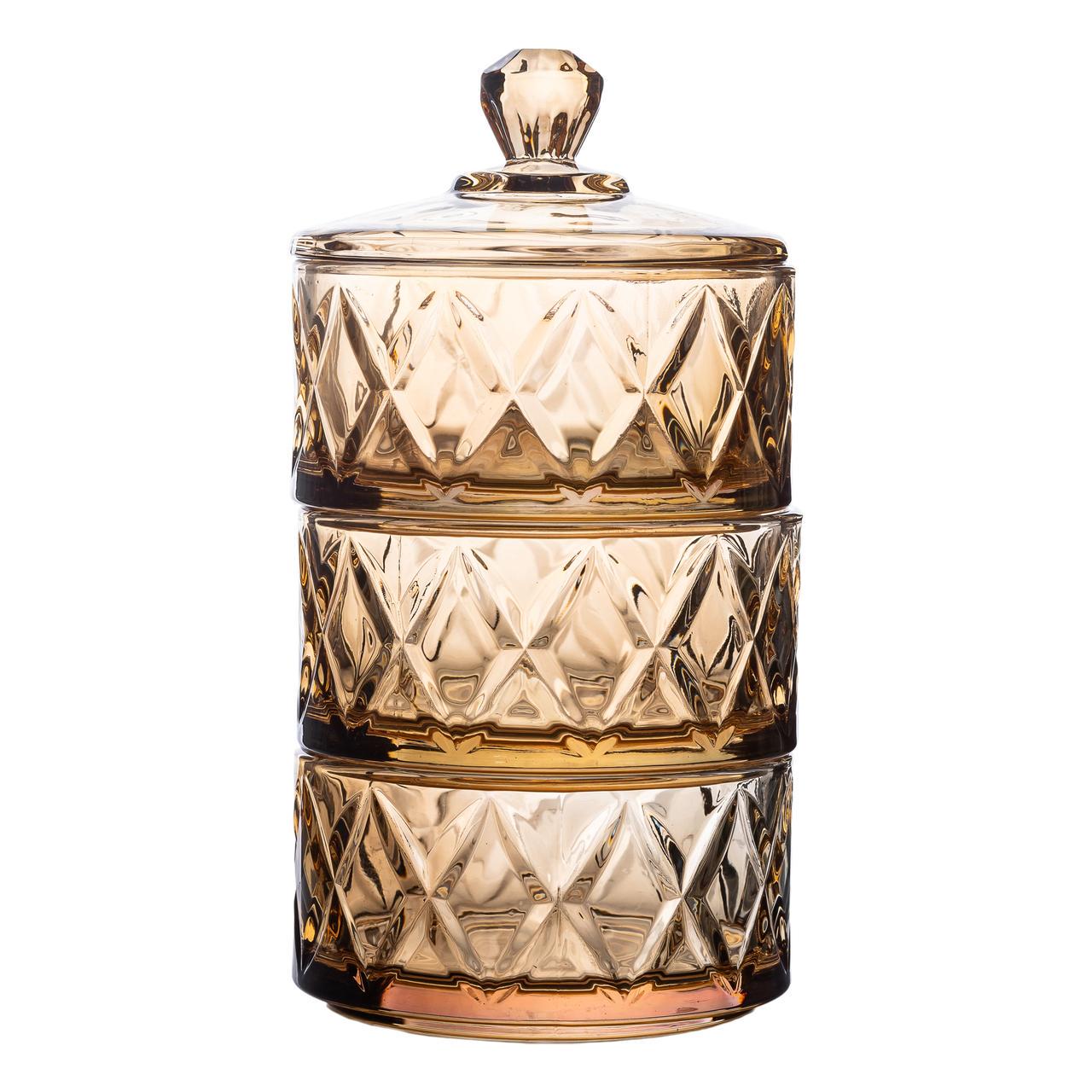 Цукерниця трирівнева скляна з кришкою Ø 10 см Коричневий