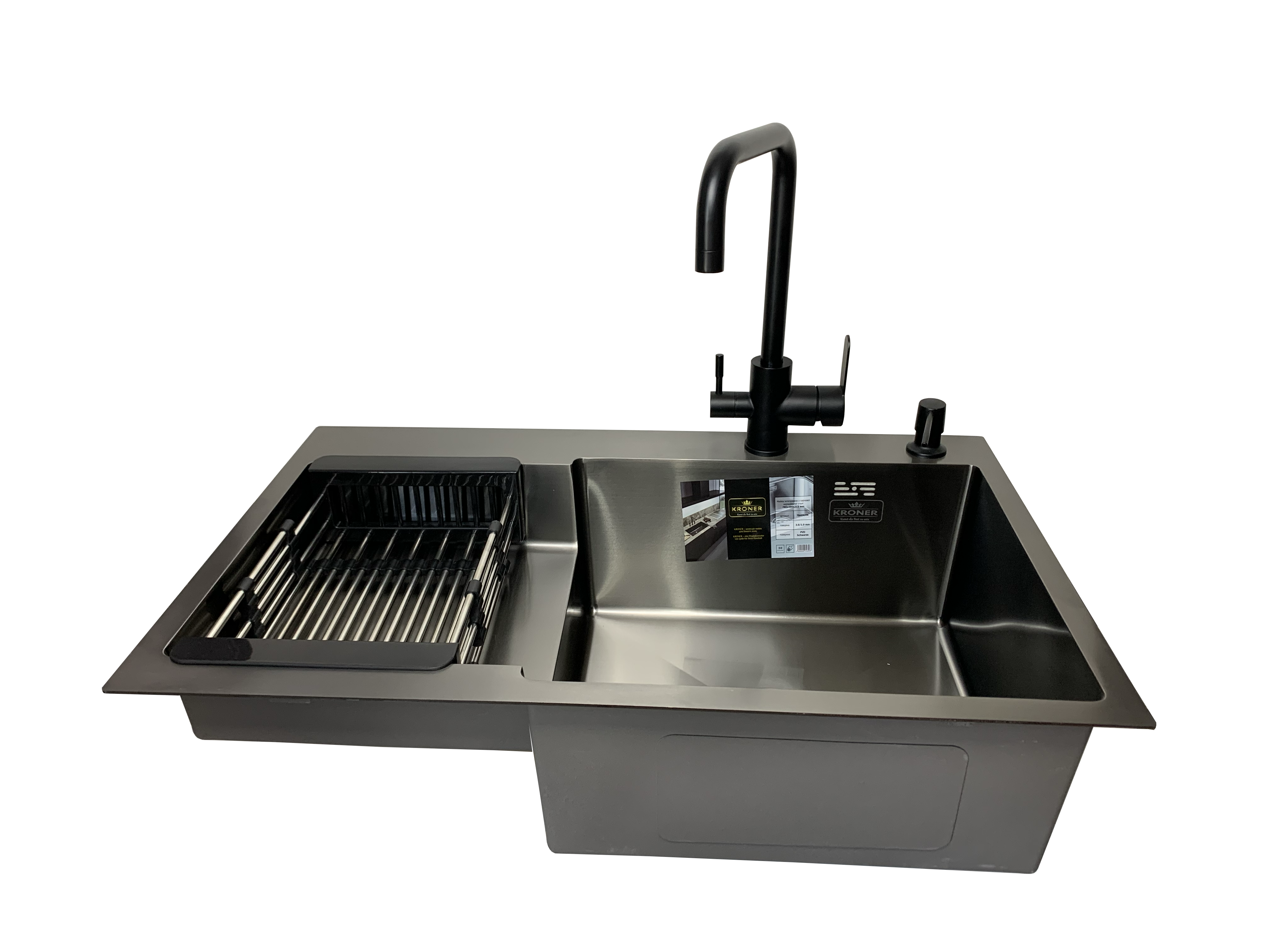 Мойка кухонная Kroner 78x48 см в черном PVD чаша справа + смеситель фильтр/корзина/дозатор