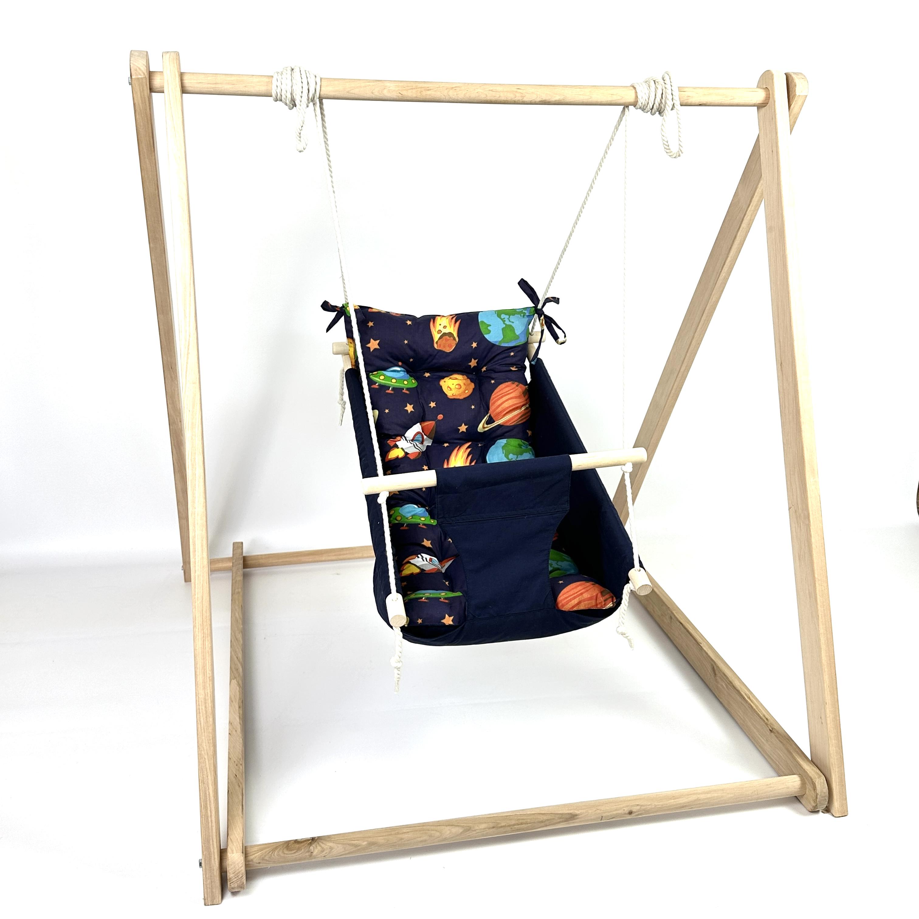 Комплект Деревянная опора и Колыханка из хлопка с космосом Синий (gs-8998)