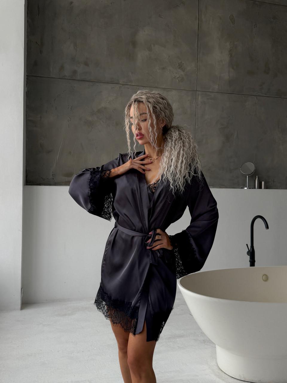 Халат женский шелковый с кружевом Графит (2533884044) Халат женский шелковый с кружевом Графит (2533884044)