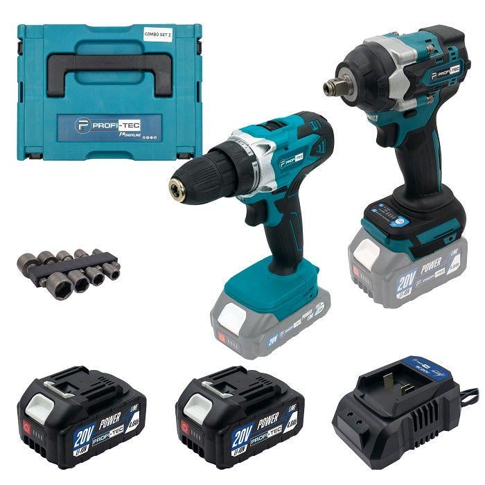 Аккумуляторный набор из 2х инструментов PROFI-TEC 20V POWERLine Combo Set 2/6 шуруповерт PCD2820V/гайковерт DTW500BL в наборе 4 головки (007055)