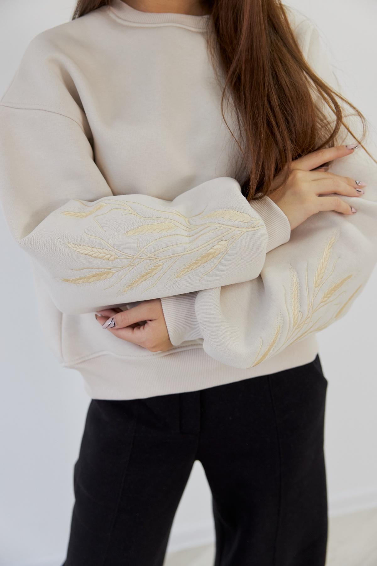 Свитшот для девочки с вышитыми колосками 140 Светло-бежевый (127045)