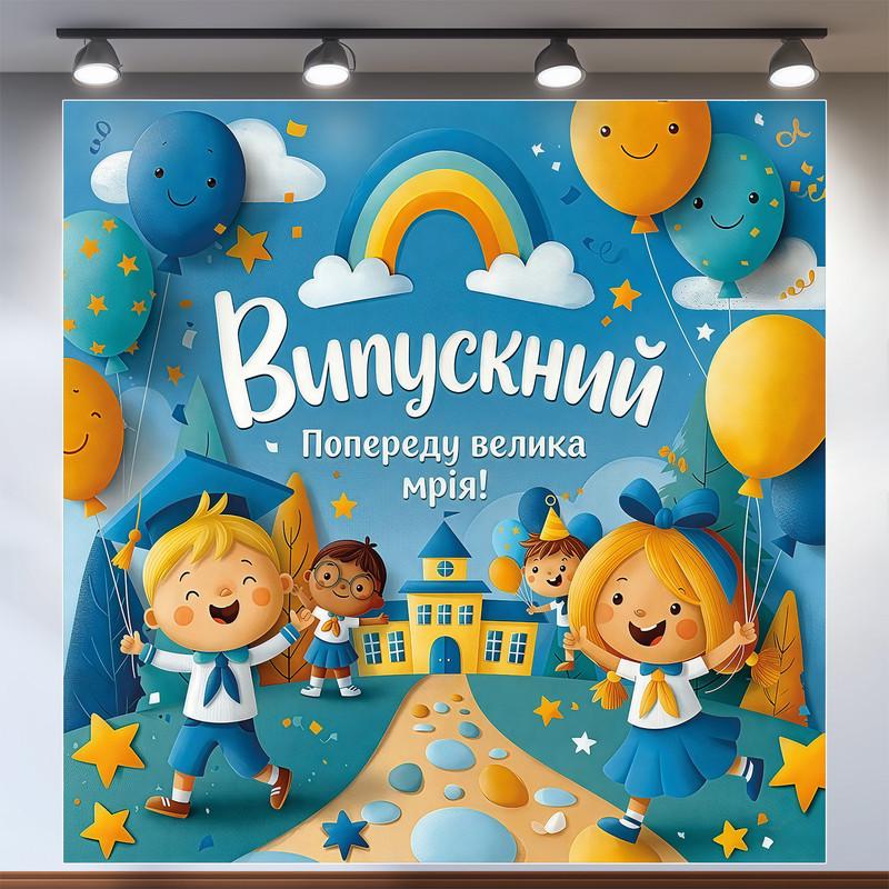 Баннер для фотозоны "Випускний попереду велика мрія" с детьми и радугой в садик 200х200 см Баннер для фотозоны "Випускний попереду велика мрія" с детьми и радугой в садик 200х200 см