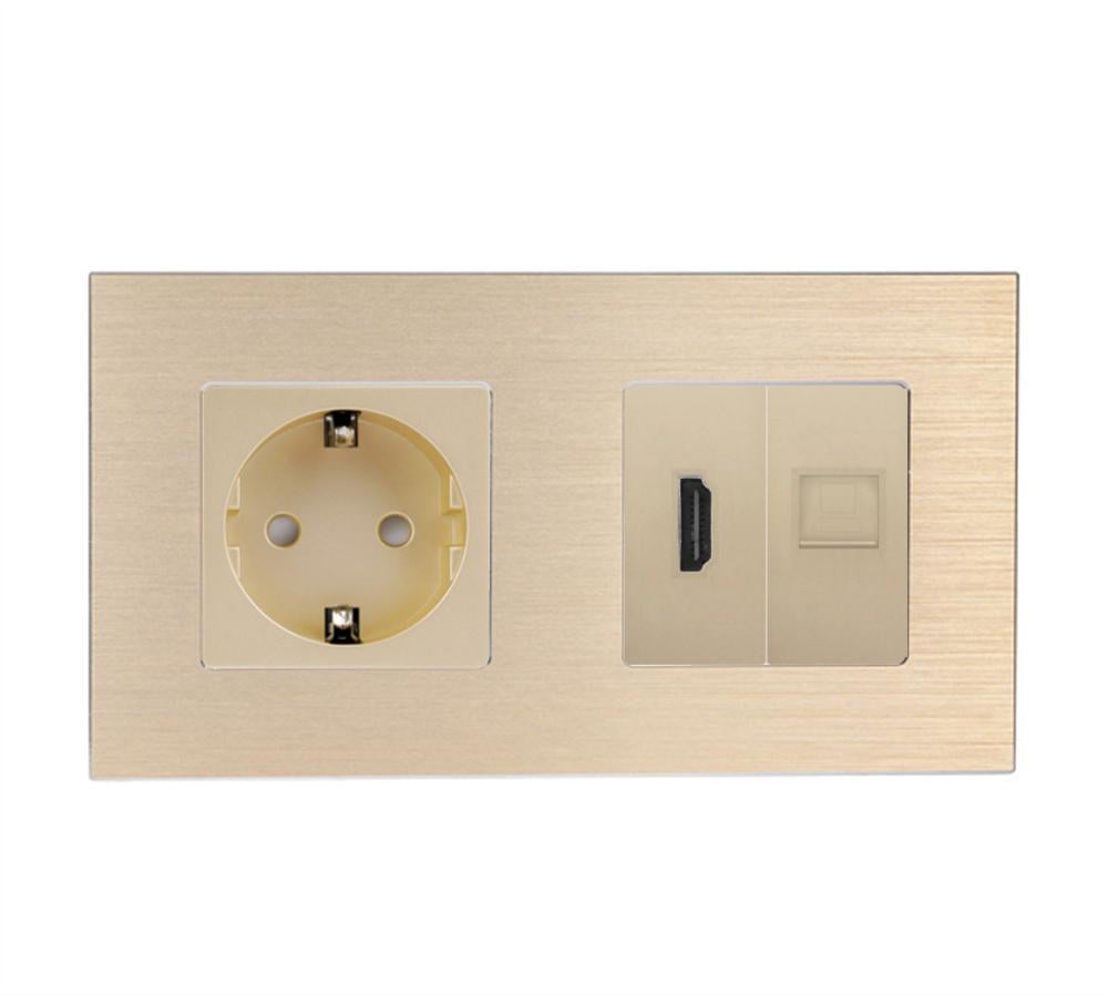 Розетка настенная WALLPAD с HDMI/интернет портом RJ-45 дизайнерская алюминиевая рамка Золотой (WP-M2FHDMICAT6-GD)