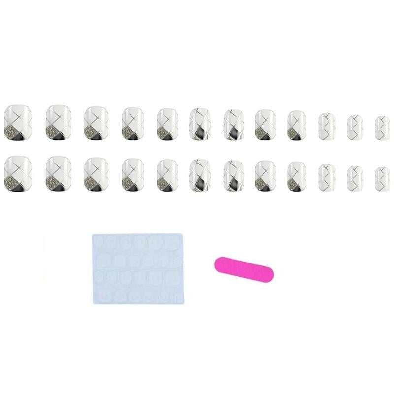 Накладні нігті з дизайном Ромби з клейовими пластинами 24 шт. Білий із сріблястим (2689612528)