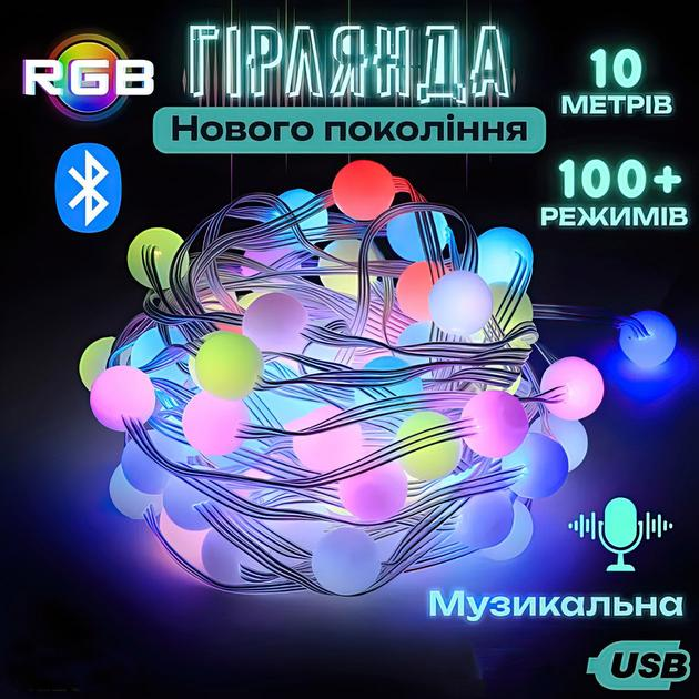 Гирлянда Smart LED Матовый шарик с приложением/пультом/Bluetooth USB 10 м (16899h) - фото 2