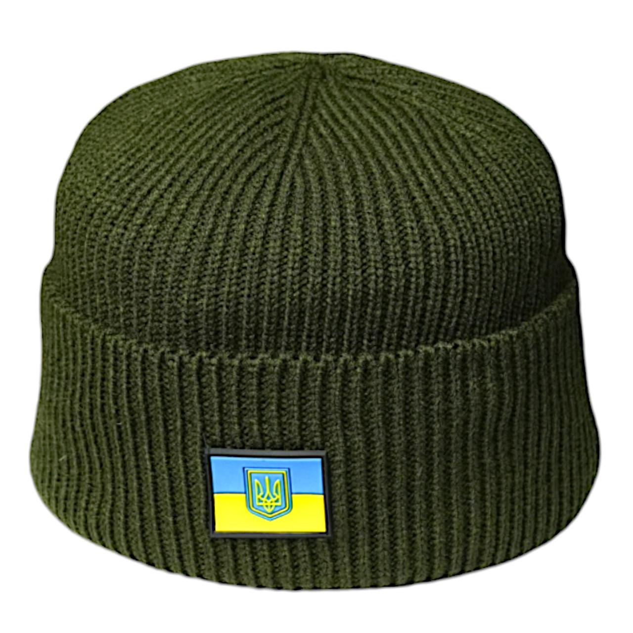 Шапка вязанная на флисе с флагом Украины и Тризубцем Олива (2386075497)