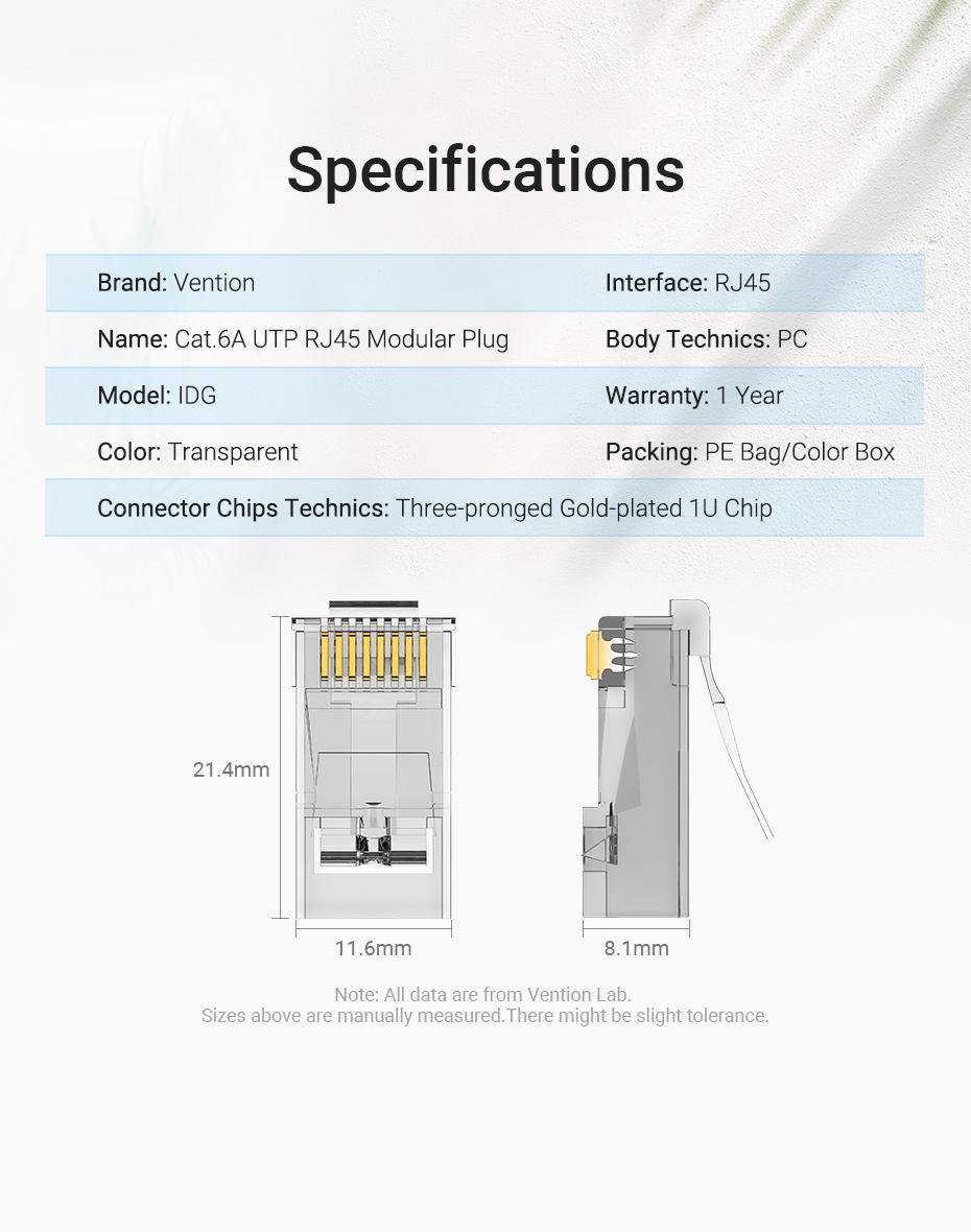 Коннектор RJ45 Vention Cat.6A UTP модульный 8P8C позолоченные контакты 50 шт. Прозрачный (IDGR0-50) - фото 10 Коннектор RJ45 Vention Cat.6A UTP модульный 8P8C позолоченные контакты 50 шт. Прозрачный (IDGR0-50) - фото 10